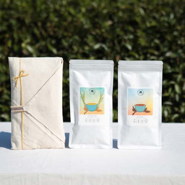 山岳民族レンテン族手織り布で包むギフト(生成）　　化学肥料農薬不使用栽培＜自然に寄り添うお茶の時間セット＞京都和束産　玄米焙じ茶・和紅茶【ギフト】