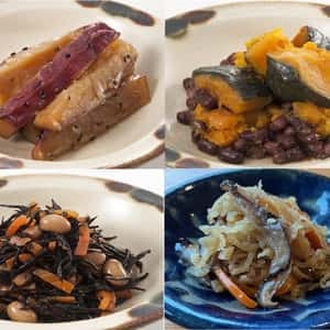 能登・金沢の野菜を使ったおそうざいセット〈五郎島金時ぽてと・能登かぼちゃの小豆煮・国産ひじき大豆煮・能登切干し大根煮〉やさしい味に仕上げた地元野菜の惣菜詰合せ4種