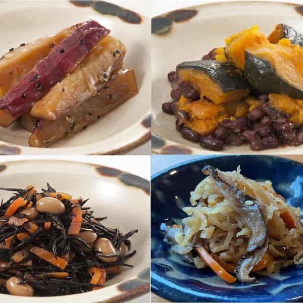 能登・金沢の野菜を使ったおそうざいセット〈五郎島金時ぽてと・能登かぼちゃの小豆煮・国産ひじき大豆煮・能登切干し大根煮〉やさしい味に仕上げた地元野菜の惣菜詰合せ4種