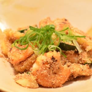 海老とじゃがいもの明太かつお味噌炒め